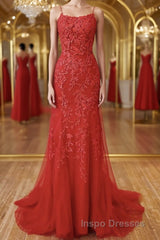 Red Backless Lace Evening Prom Dress, Red Open Back Lace Formal Evening Dress