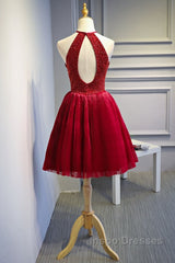 Red Halter Beaded Short Party Dress, Beaded And Sequined Party Dress, Homecoming Dress