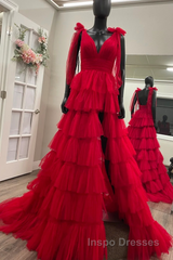 Red Long Evening Prom Dress Princess A Line V Neck Party Evening Dress with Ruffles