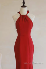 Red Mermaid Halter Long Evening Dress, Red Backless Formal Dress Evening Prom Dress
