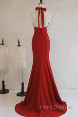 Red Mermaid Halter Long Evening Dress, Red Backless Formal Dress Evening Prom Dress