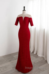 Red Mermaid Round Neckline Short Sleeves Party Dress, Red Evening Gown