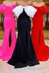 Red Off-the-Shoulder Bow Mermaid Evening Prom Gown with Slit
