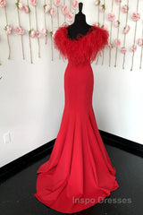 Red Evening Prom Dress Mermaid V Neck Long Party Evening Dress with Feathers