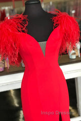 Red Evening Prom Dress Mermaid V Neck Long Party Evening Dress with Feathers