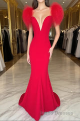 Red Evening Prom Dress Mermaid V Neck Long Party Evening Dress with Feathers