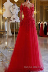 Red round neck tulle lace long Evening Prom Dress, red evening Dress