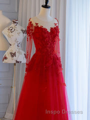 Red round neck tulle lace long Evening Prom Dress, red evening Dress