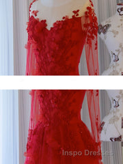 Red round neck tulle lace long Evening Prom Dress, red evening Dress