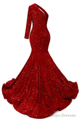 Red Sequins Mermaid Prom Dresses One Shoulder Evening Dresses Floor Length Wedding Party Gowns