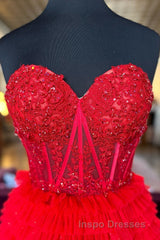 Red Sweetheart Sequins Top Multi-Layers Long Evening Prom Dress,Tiered Formal Dress