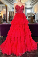 Red Sweetheart Sequins Top Multi-Layers Long Evening Prom Dress,Tiered Formal Dress
