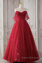 Red Sweetheart Tulle Long Beautiful Evening Prom Dress, Wine Red Party Dress Evening Gown