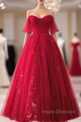 Red Sweetheart Tulle Long Formal Dress, Red Off Shoulder Party Dress Evening Prom Dress