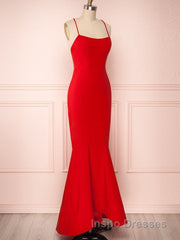 Red Thin Straps Mermaid Backless Long Evening Prom Dress, Red Mermaid Formal Dress, Red Evening Dress
