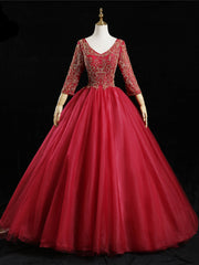 Red Tulle V-neck Long Sleeve Beading Quinceanera Dress