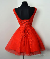 Red v neck lace tulle short Evening Prom Dress, red homecoming Dress