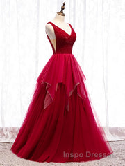 Red V Neck Long Evening Prom Dress with Corset Back, Red Floor Length Evening Prom Gown, Evening Dress