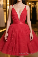 Red v neck tulle lace short Evening Prom dress,Mini homecoming dress cocktail dress
