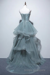 Gray Spaghetti Straps Tulle Princess Formal Evening Prom Party Dress Long Formal Evening Prom Dress