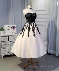 Champagne Lace Short Evening Prom Dress, Lace Evening Prom Dress