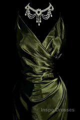 Retro Mermaid Spaghetti Straps Satin Green Long Evening Dress Evening Prom Dress