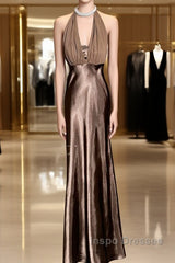 Retro Mermaid V Neckline Chiffon Brown Evening Dress Evening Prom Dress