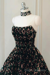 A Line Sparkly Sequin Long Evening Prom Dress, Gorgeous Strapless Long Evening Prom Dress