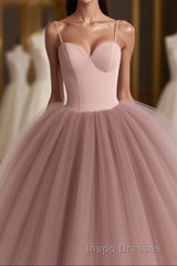 Dusty Rose A-Line Tulle Floor Length Spaghetti Straps Sweetheart Evening Prom Party Dress Evening Prom Dress