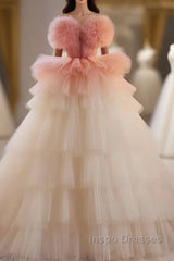 Romantic Pink Tulle Ball Gown Ombre Tiers Evening Prom Dress