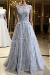 Round Neck Appliques Vintage Tulle Lace Evening Prom Dress, Bridesmaid Dress