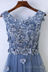 Round Neck Blue Lace Floral Long Evening Prom Dress, Blue Lace Long Formal Evening Dress