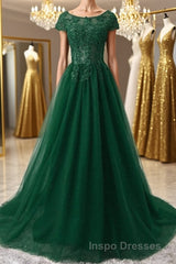 Round Neck Cap Sleeves Lace Long Evening Prom Dress,Tulle Lace Formal Evening Dress