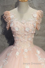 Round Neck Cap Sleeves Lace Pink Long Evening Prom Dress, Pink Lace Formal Dress, Pink Evening Dress, Ball Gown
