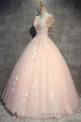Round Neck Cap Sleeves Lace Pink Long Evening Prom Dress, Pink Lace Formal Dress, Pink Evening Dress, Ball Gown