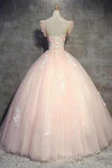 Round Neck Cap Sleeves Lace Pink Long Evening Prom Dress, Pink Lace Formal Dress, Pink Evening Dress, Ball Gown
