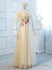 Round Neck Floral Champagne Long Evening Prom Dress with Corset Back, Champagne Long Formal Bridesmaid Dress
