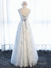 Round Neck Gray Lace Evening Prom Dress with Corset Back, Gray Lace Formal Evening Bridesmaid Dress