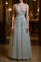 Round Neck Lace Evening Prom Dress, Lace Formal Evening Dress