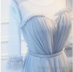 Round Neck Long Sleeves Blue Evening Prom Dress, Long Sleeves Blue Formal Bridesmaid Evening Dress