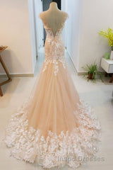 Round Neck Mermaid Champagne Lace Long Evening Prom Dress, Mermaid Champagne Formal Dress, Champagne Lace Evening Dress