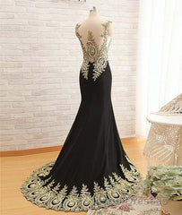 Round Neck Mermaid Lace Applique Black Evening Prom Dress, Lace Black Formal Dress