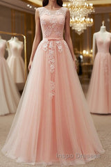 Round Neck Pink Lace Long Evening Prom Dress, Pink Lace Bridesmaid Dress