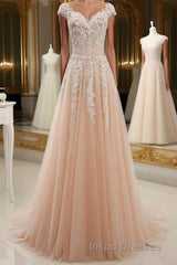 Round Neck Pink Lace Evening Prom Dress, Pink Lace Formal Evening Dress