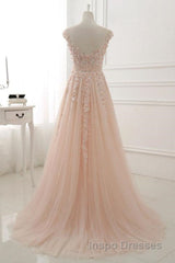 Round Neck Pink Lace Evening Prom Dress, Pink Lace Formal Evening Dress