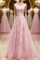 Round Neck Pink Lace Evening Prom Dress, Pink Lace Long Formal Evening Dress