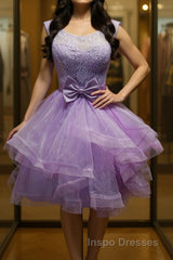 Round Neck Purple Lace Short Evening Prom Dress, Lilac Lace Homecoming Dress, Purple Formal Evening Dress