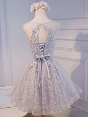 Round Neck Short Gray Lace Evening Prom Dress, Short Gray Lace Formal Homecoming Graduation Dress