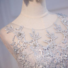 Round Neck Short Gray Lace Evening Prom Dress, Short Gray Lace Formal Homecoming Graduation Dress