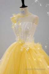 Round Neck Yellow Lace Tulle Evening Prom Dress, Yellow Lace Short Homecoming Dress, Yellow Formal Graduation Evening Dress